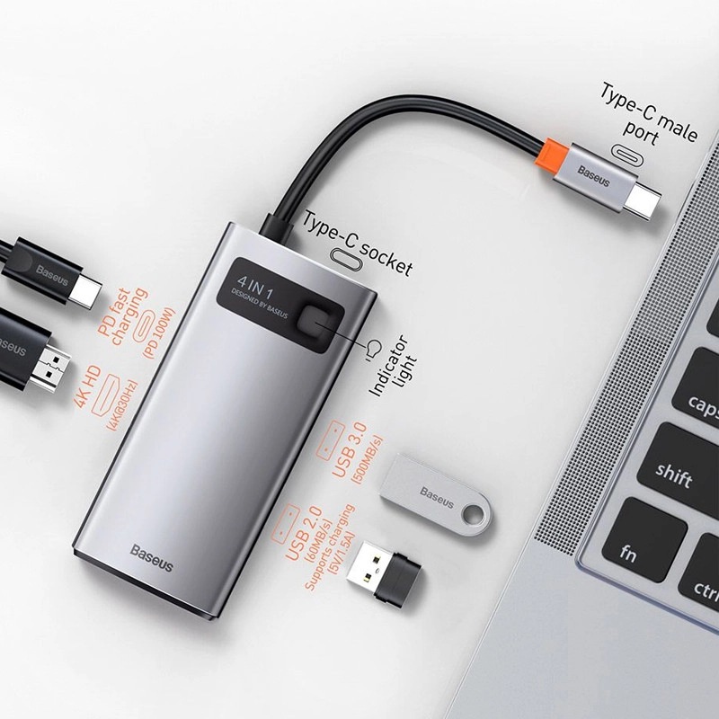 هاب 4 پورت USB-C باسئوس مدل CYOG - خاکستری